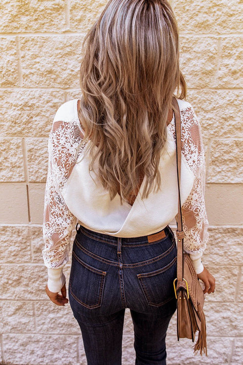 Sexy V Neck Surplice Hollow-Out Sweater With Lace Sleeves